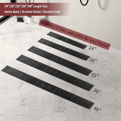 24 Inch Linear Shower Drain, Matte Black Shower Drain, Removable Grate, 304 Stainless Steel, Easy to Install and Clean for Bathrooms (Drain Base Not Included), LSD-15B-24B - size: 24 inch