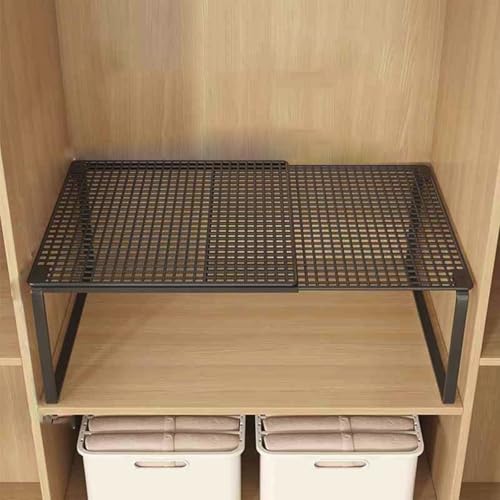 Expandable Stackable Cabinet Organizer - Adjustable Storage Shelf Rack for Kitchen, Bathroom, Pantry, and Office Space Saving - color: Black