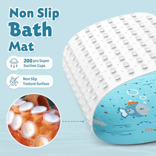 Baby Bath Mat for Tub Non Slip Kids, BPA Free Extra Long Bathtub Mat 40x16 with Drain Holes and 200 Suction Cups, Non Toxic Machine Washable Toddler Bath Mat, Eco-Friendly Certified - color: Ltblue 2fish Joy