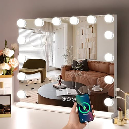 Hollywood Vanity Mirror with Lights, Lighted Makeup Mirror with 10X Magnification, Vanity Makeup Mirrors with Lights, USB Charging Port Touch Control, 14 LED Bulbs 3 Lighting Modes
