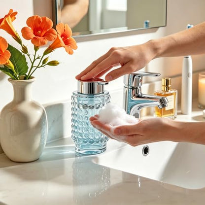 Foaming Soap Dispenser, Clear Glass Foam Soap Dispenser with Silver Pump, 12 Oz Refillable Bathroom Lotion Container Pump Bottle for Bathroom Kitchen Countertop - color: Transparent and Silver