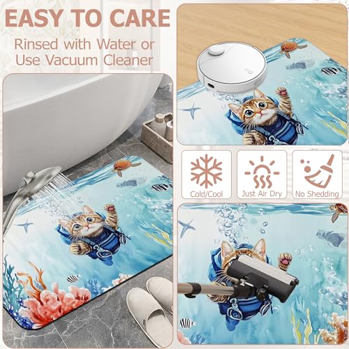 Diatomaceous Earth Bath Mat,Funny Cat Bath Rugs,Blue Sea Ocean Non-Slip Thin Absorbent Fast Drying Easy to Clean for Bathroom Laundry Home Kitchen Door Mat 17x29.5Inch - color: Funny Cat,blue Sea Ocean