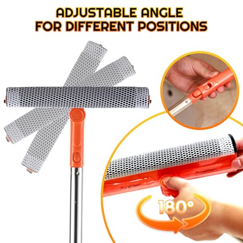 2-in-1 Window Squeegee with 62" Pole — Streak-Free & Sponge Scrubber | No ladder for high windows, skylights, shower doors, car & RV windshields, tile. Orange. Stainless pole sponge scrubber.