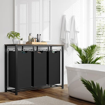 Simple Houseware 3-Section Laundry Sorter w/Tabletop Shelf, Rustic Brown | 3 Pull-Out,10-Gallon Hampers, Metal Frame Laundry Organizer for Bedroom, Bathroom,