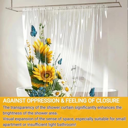 Clear Sun Flower Shower Curtain Liner, Yellow Plastic Transparent Pretty Shower Curtains for Bathroom, 72x72 Weighted Magnetic Shower Curtain Set with 12 Hooks - color: Clear Sunflower, size: 72"W x 72"L (Pack of 1)