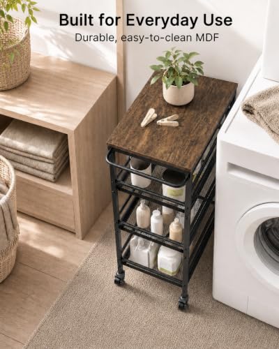 Pipishell Slim Storage Cart with Wheels, 4 Tier Rolling Bathroom Storage Cart with Handle and Wood Top, Metal Slim Kitchen Cart for Laundry Room, Bathroom, Kitchen, Narrow Space, Black & Rustic Brown - size: 10.8 in