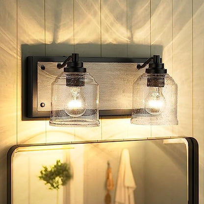16" 2-Light Farmhouse Bathroom Vanity Light with Bubble Glass, Gray | Farmhouse Rustic style, Metal base with hand-painted wood grain, E26 Ceramic Base(no bulb), UL&ETL, mount up/down,over mirror - color: Gray, size: 2-Light