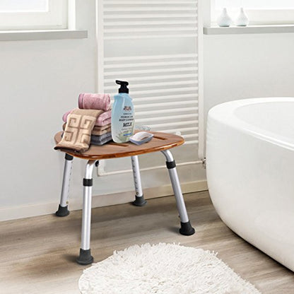 Goplus Bamboo Bath Seat, Waterproof Bathroom Shower Seat, Triangular Fanshaped with Slip-Resistant Rubber Bathroom Organizer, Weight Capacity: 350 Lbs