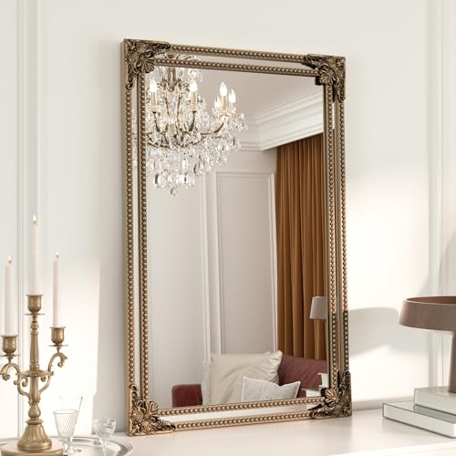Keonjinn 20x30 Inch Gold Antique Vintage Mirror, Brass Baroque Mirror | Tempered Glass, Rectangle, Traditional Mantel Decoration, Wall Decor, Hallway, Fireplace, Entryway, Living Room, Anti-Rust - color: Antique Brass, size: 30"L x 20"W