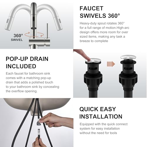 Pull Down Bathroom Faucet 1 Handle, Brushed Nickel Vessel Sink Faucet | Vessel Bowl Faucet with Pop Up Drain & Supply Lines, Lead-Free cUPC & NSF Certified, 1 Hole Faucet for Vanity RV Restroom - color: Brushed Nickel, size: Tall