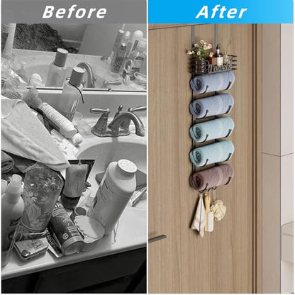 Over The Door Towel Rack 6 Tier with Metal Shelf and Hooks, Black | Wall Mounted, Rolled Towel Storage, Bathroom Door Holder Organizer