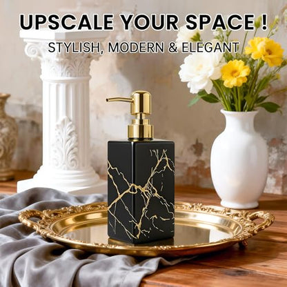Black Ceramic Soap Dispenser with Gold Stripes, Refillable Hand Soap Dispenser for Bathroom Countertop & Kitchen Sink, Modern Square Lotion Pump Bottle for Dish Soap, Hand Soap & Lotion, 10oz - color: Black Gold
