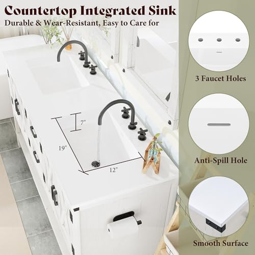 AMERLIFE 60" White Farmhouse Double Sink Bathroom Vanity, Solid White Top | Antique White, Solid White Integrated Top, Moisture-Resistant MDF, 4 X-Panel Doors, 2 Drawers, Open Shelf, Paper Towel Holder - color: Antique White, size: 60”