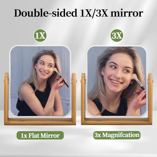 Desk Mirror,Mirror for Desk,1X/3X Magnifying Double-Sided 360°Flippable Vanity Mirror,Makeup Mirror,with Natural Bamboo Stand-White