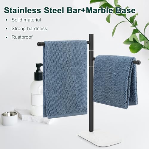 Hand Towel Holder, F-Shape Hand Towel Stand with Marble Base, Stainless Steel Swivel Hand Towel Rack Bar Standing for Bathroom Kitchen Countertop, 2 Arms (Matte Black) - color: Matte Black