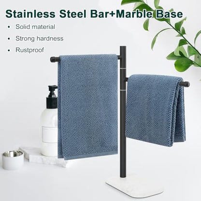 Hand Towel Holder, F-Shape Hand Towel Stand with Marble Base, Stainless Steel Swivel Hand Towel Rack Bar Standing for Bathroom Kitchen Countertop, 2 Arms (Matte Black) - color: Matte Black