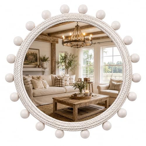 30" Round Rope Wall Mirror with 2 in Whitewashed Wood Beads | Soft white coastal farmhouse style, handwoven cotton rope frame for entryway, living room, bedroom, bathroom, powder room.