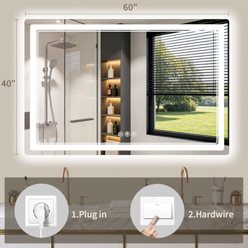 40"x60" LED Bathroom Mirror with Lights, Backlit + Front Lit, Anti-Fog, Lighted Bathroom Mirror for Wall, HD Shatterproof Tempered Glass, Dimmable, Memory Function (Horizontal/Vertical) - size: 60"L x 40"W