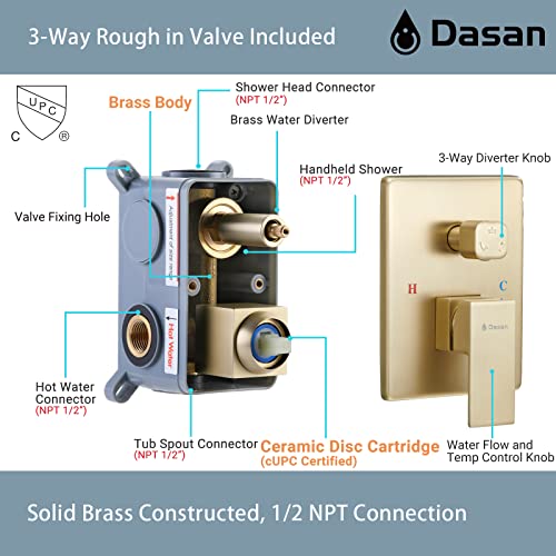 DASAN Tub Shower Faucets Sets Complete Brushed Gold Bathtub Shower System with Tub Spout, Bathtub Faucet Set Tub and Shower Faucet Combo Trim Kit with Rough-in Valve, DA-SS03BG-S10W - color: Brushed Gold
