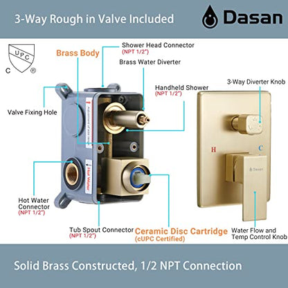 DASAN Tub Shower Faucets Sets Complete Brushed Gold Bathtub Shower System with Tub Spout, Bathtub Faucet Set Tub and Shower Faucet Combo Trim Kit with Rough-in Valve, DA-SS03BG-S10W - color: Brushed Gold