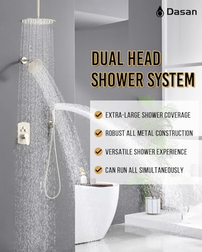 Dasan Rainfall Full Body Shower Faucet System with 12'' Round Shower & 6'' Shower Head,Brushed Nickel Dual Shower Head Faucets Set with Handheld & Valve, Double Shower Head System for Couples/2-Person - color: Brushed Nickel