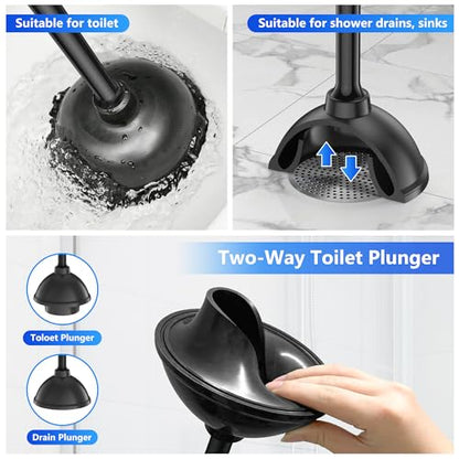 Toilet Plunger and Brush, Bowl Brush and Heavy Duty Toilet Plunger Set with Ventilated Holder, 2-in-1 Toilet Brush and Plunger Combo for Bathroom Cleaning (Black)