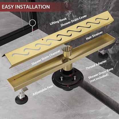 Linear Shower Drain, 24 inch Brushed Gold | Including Hair Catcher and Removable Grate, 304 Stainless Steel, Easy to Install and Clean (Drain Base Not Included) - color: Brushed Gold, size: 24 inch