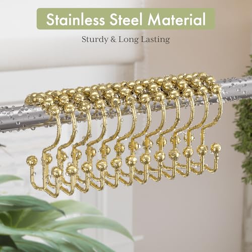 Gold Shower Curtain Hooks Rings, Stainless Steel Shower Curtain Rings, 12Pcs Double Glide Shower Hooks for Bathroom Shower Curtain Rods Dual Rust-Resistant Shower Rings - color: Polished Golden, style: Double Hooks