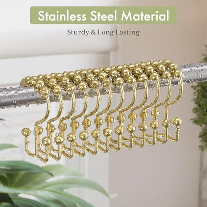 Gold Shower Curtain Hooks Rings, Stainless Steel Shower Curtain Rings, 12Pcs Double Glide Shower Hooks for Bathroom Shower Curtain Rods Dual Rust-Resistant Shower Rings - color: Polished Golden, style: Double Hooks