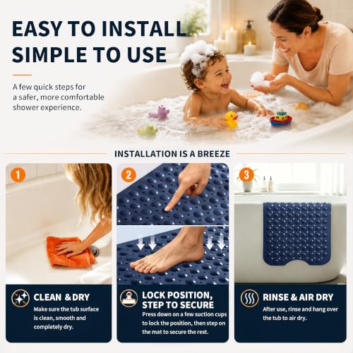 Yimobra Non Slip Bathtub Mat 40 x 16 Inch, Extra Long Shower Mat with Drain Holes, Machine Washable Baby Bath Mats, Strong Suction Cups for Bathroom Floor, Navy Blue - color: Navy Blue