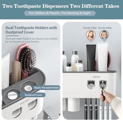 Toothbrush Holders for Bathrooms Wall Mounted, 6 Slot Toothbrush Holder with 2 Automatic Toothpaste Dispensers, 2 Magnetic Cups, Large Capacity Bathroom Organizer, Wall Storage with Drawer - size: Grey 2 Cups