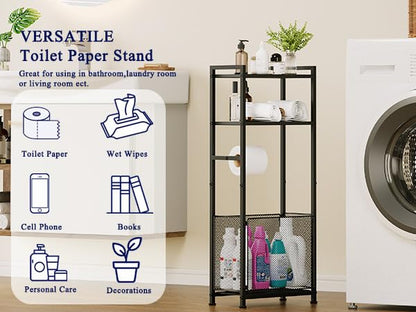 Free Standing Toilet Paper Holder Stand with Shelf, Bathroom Tissue Storage Stand Toilet Roll Dispenser Storage Rack for Phone, Wet Wipe, Bathroom Storage and Organizer Shelf for Small Space