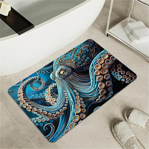 Bath Mat Rug,Blue Octopus Non Slip Quick Dry Super Absorbent Thin Bathroom Rugs Fit Under Door-Easy to Clean Bathroom Floor Mats-Shower Rug for Shower Sink Bathtub(16" x 24"in) - color: Blue Octopus, size: 1'4" x 2'(Rectangular)