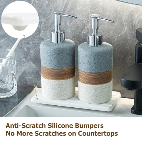 Ceramic Soap Dispenser Set of 2, Hand and Dish Soap Dispenser Set | Shower Shampoo Soap Dispenser for Bathroom, Kitchen | Stainless Steel Pump, Silicone Funnel and Diatomaceous Tray, 12 oz Gray - color: Gray and White, size: 2xSoap Dispenser Set with Tray