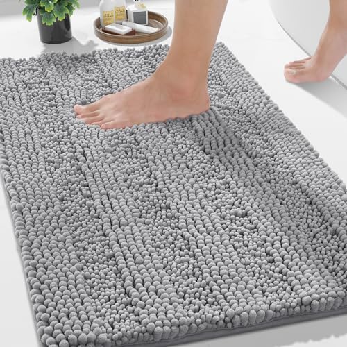 Yimobra Bathroom Rug Mat, Non Slip and Super Absorbent Bath Mat, Machine Washable Quick Dry, Ultra Plush Chenille Shower Rugs for Bathroom Floor Sink Tub and Shower Outside, Gray, 24 x 17 - color: Grey, size: 24" X 17"
