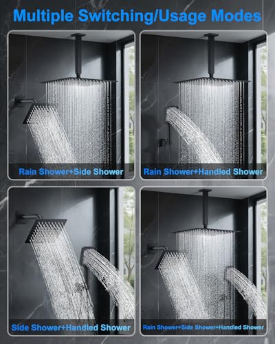 Shower System with Pressure Balance Valve, 12" Ceiling Mount Shower Faucet Set with 2 Rain Shower Head And Multi-function Handheld Head Push Button Diverter Pressure Balancing Valve Kit, Matte Black - color: Matte Black, style: 12"-Square-01