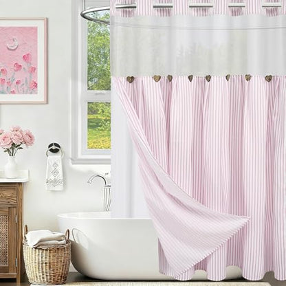 ASPMIZ Farmhouse Striped Shower Curtain and Liner Set No Hook, Pink 71x74 | No Hook Shower Curtain with Snap in Liner Fabric, Rustic Washable Waterproof Bathroom Curtains with Button, Mesh Top Window - color: Pink Striped, size: 71"W x 74"L (Pack of 1), s