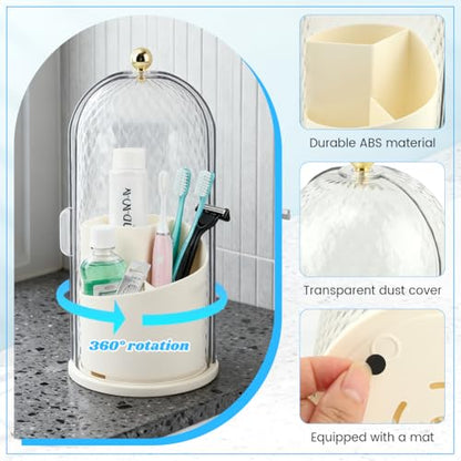 Rotating Toothbrush Holders with Sliding Lid & 4 Pcs Toothpaste Squeezers, Multifunctional 3 Slots Bathroom Organizer Countertop for Tooth Brush, Toothpaste, and Makeup Brushes