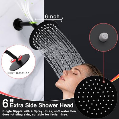HOMEDEC 16inch Round Shower System with 6" Wall Mounted Shower Head, 4 Way Shower Diverter Valve with 2-Function Handheld Shower and Body Jets, Black - color: Black, style: 4-Way + 1x 6" Top