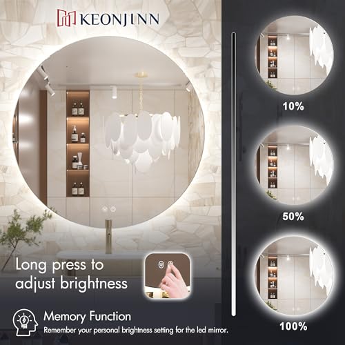 Keonjinn 40 Inch Large Round LED Mirror with Backlit, Safe Tempered Glass | Oversized, 3000K/4500K/6000K, Safe Defogging, Dimmable, Memory Function, Hardwired/Plug in, French Cleat Installation, Salon - size: 40"L x 40"W