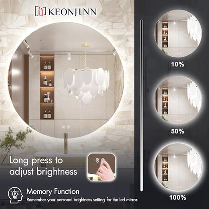 Keonjinn 40 Inch Large Round LED Mirror with Backlit, Safe Tempered Glass | Oversized, 3000K/4500K/6000K, Safe Defogging, Dimmable, Memory Function, Hardwired/Plug in, French Cleat Installation, Salon - size: 40"L x 40"W
