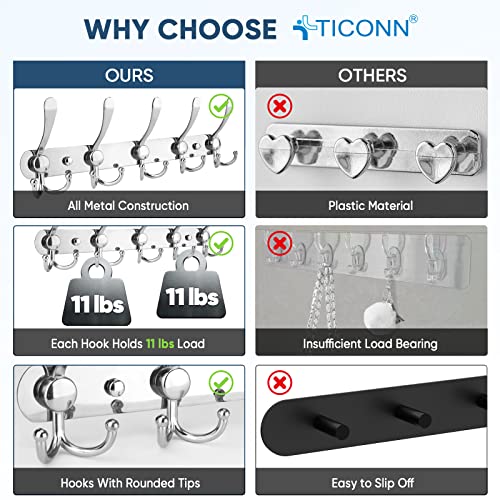 TICONN Wall Mounted Coat Rack, Five Heavy Duty Tri Hooks All Metal Construction for Jacket Coat Hat in Mudroom Entryway (Chrome, 2-Pack) - color: Chrome