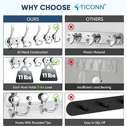 TICONN Wall Mounted Coat Rack, Five Heavy Duty Tri Hooks All Metal Construction for Jacket Coat Hat in Mudroom Entryway (Chrome, 2-Pack) - color: Chrome