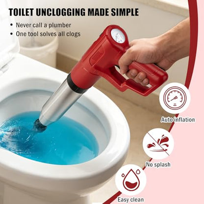 Electric Toilet Plunger Anti-Splash Clog Remover for Bathroom | High Pressure Powerful Drain Unclogger for Shower & Floor Drains, Red - color: Red