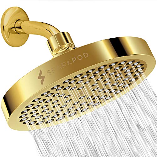 SparkPod Rain Shower Head, 6 Inch Round, Egyptian Gold Finish | High Pressure Shower Heads, 90 Nozzles, Adjustable Showerhead, No Tools Needed, Universal Connection - color: Egyptian Gold, style: 6 Inch Round