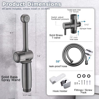 Handheld Bidet Sprayer for Toilet, Cloth Diaper Toilet Sprayer, Hand Held Bidet Attachment Brass 7.9" Bidet Wand, Adjustable Water Jet Spray with Backflow Preventer - color: Black