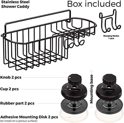 HASKO Shower Caddy Suction Cup, Shower Shelf with Soap Dish and Hooks Organizer, Suction Bathroom Shelf for Storage, Wall Mounted Basket, Black - color: Black (1 Pack)