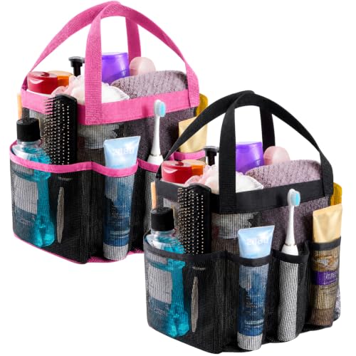 Lifewit Mesh Shower Caddy 2 Packs, Freestanding Portable Shower Tote Bag for Dorm, Bathroom, Gym, Travel, Quick Dry Hanging Organizer with 7 Storage Pockets for Toiletry Essentials, Black&Pink - color: Black + Pink