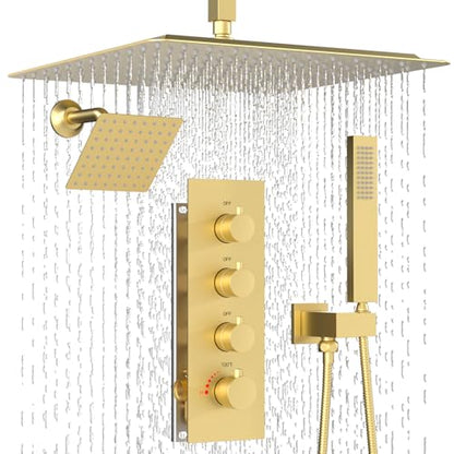 Enga Thermostatic Dual Head Shower System - 16"+6" Ceiling & Wall Mount Rainfall Showerheads, All Functions Simultaneous & Adjustable Volume, Brushed Gold - color: Brushed Gold, style: ‎16"+6" Head
