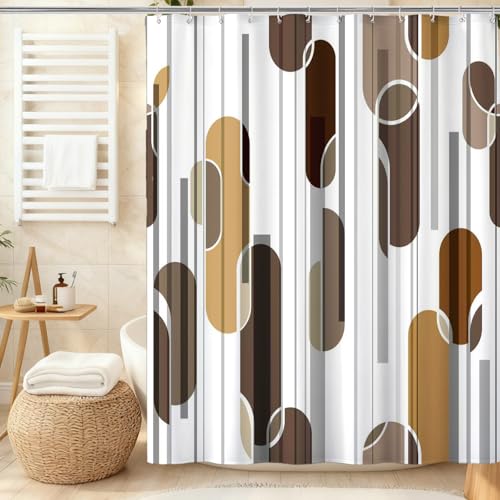 Brown Shower Curtain, Abstract Stripes Mid Century Shower Curtains for Bathroom, Vintage Minimalist Waterproof Polyester Fabric Shower Curtain Set with Hooks, 72 x 72 inches Bathroom Decor - color: Brown